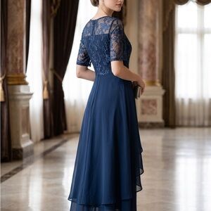 Elegant Navy Lace Bodice Long Sleeve Evening Dress